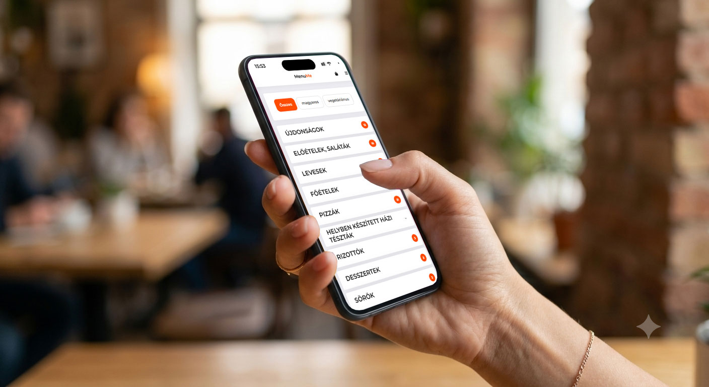 Vendég a MenuMe digitális étlapot böngészi a telefonján